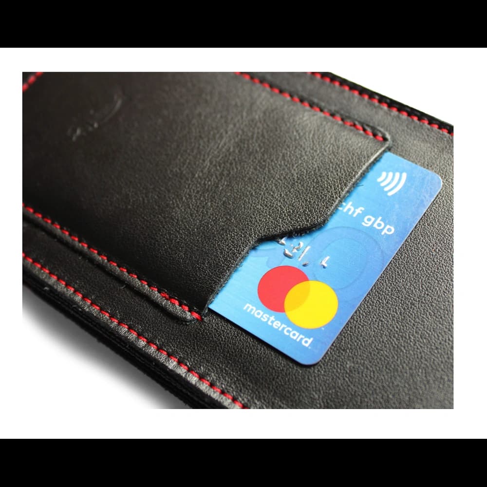 LURESKO HECTOR XXL Lederhülle / Gürteltasche / Loop Holster vertikal 167x78x10mm (schwarz glatt mit roten Nähten und rotem Innenfutter) - 11