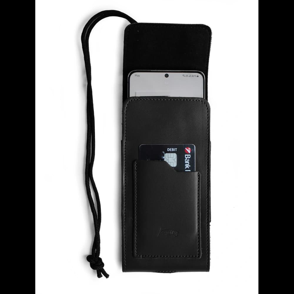 LURESKO HECTOR XXL Lederhalsgepäck / Gürteltasche / Schlaufenetui / vertikaler Holster 167x78x10mm (schwarz glatt mit schwarzem Faden) - 5