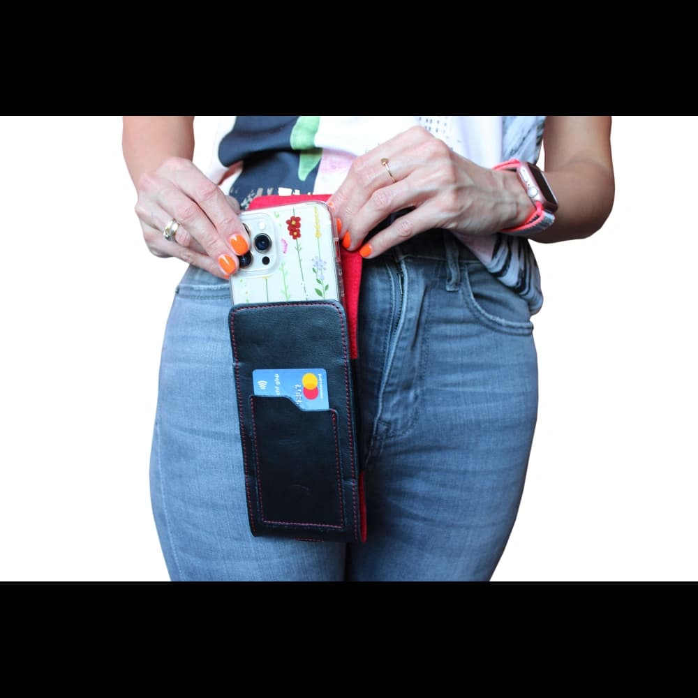 LURESKO HECTOR XXL Lederhülle / Gürteltasche / Loop Holster vertikal 167x78x10mm (schwarz glatt mit roten Nähten und rotem Innenfutter) - 15