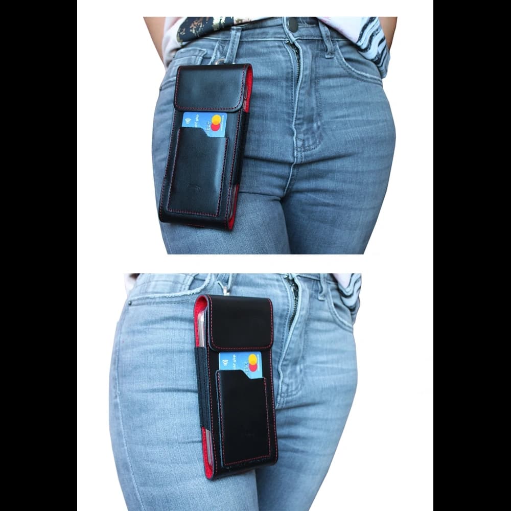 LURESKO HECTOR XXL Lederhülle / Gürteltasche / Loop Holster vertikal 167x78x10mm (schwarz glatt mit roten Nähten und rotem Innenfutter) - 16