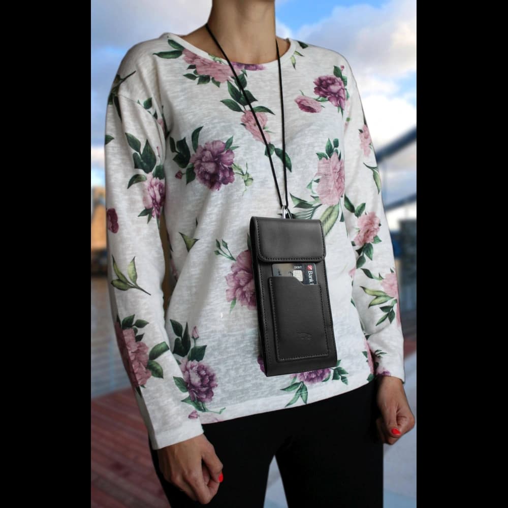 LURESKO HECTOR XXL Lederhalsgepäck / Gürteltasche / Schlaufenetui / vertikaler Holster 167x78x10mm (schwarz glatt mit schwarzem Faden) - 14