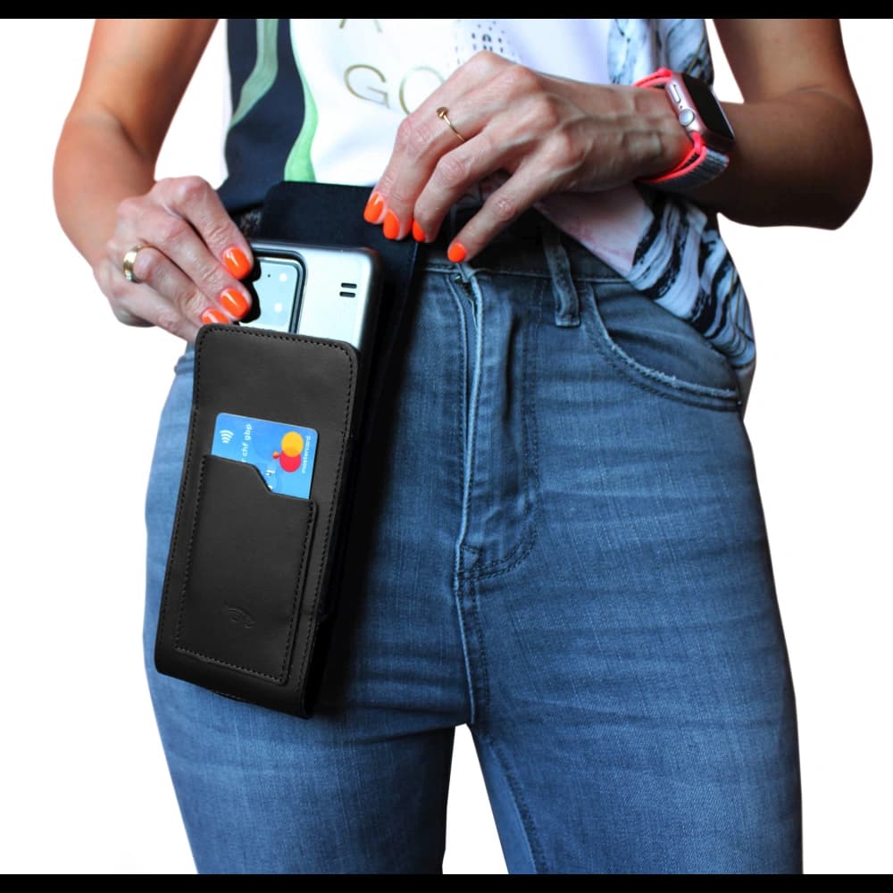 LURESKO HECTOR XXL Lederhalsgepäck / Gürteltasche / Schlaufenetui / vertikaler Holster 167x78x10mm (schwarz glatt mit schwarzem Faden) - 15