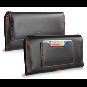 LURESKO ELLA XXL leather protective case for phone - 170x85x12 / for handbag backpack (black with red thread)