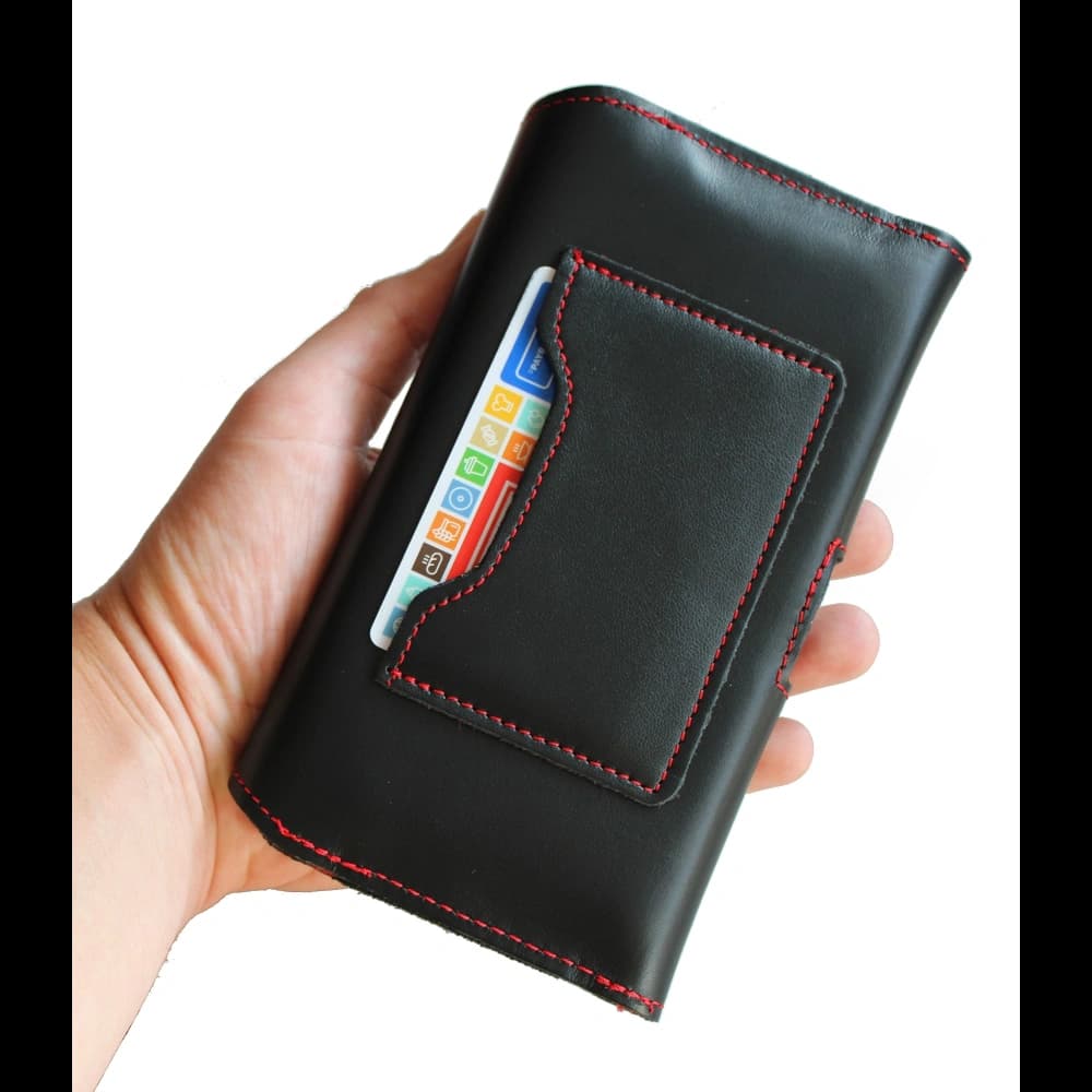 LURESKO ELLA XXL Leder-Schutzhülle für das Telefon - 170x85x12 / für Handtasche Rucksack (schwarz mit rotem Faden) - 4