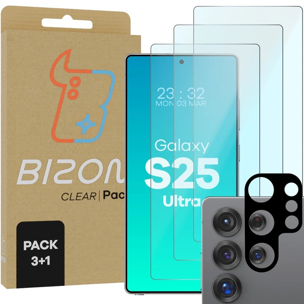 3x szkło na ekran + 1x na aparat Bizon Clear 2 Pack do Samsung Galaxy S25 Ultra - 1