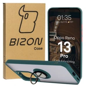 Etui z uchwytem na palec Bizon Case Hybrid Ring do Oppo Reno13 Pro przydymione z ciemnozieloną ramką