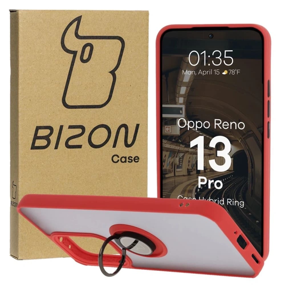 Etui z uchwytem na palec Bizon Case Hybrid Ring do Oppo Reno13 Pro przydymione z czerwoną ramką - 1