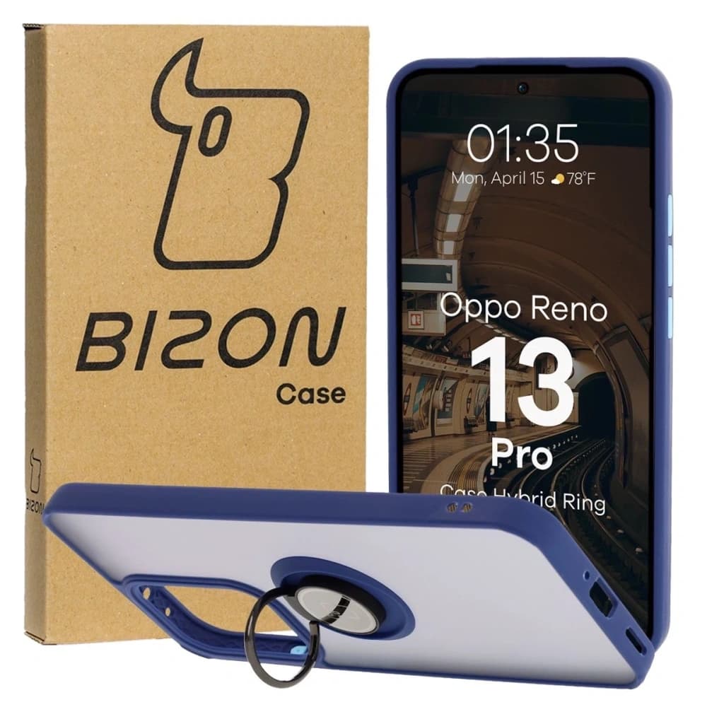 Etui z uchwytem na palec Bizon Case Hybrid Ring do Oppo Reno13 Pro przydymione z granatową ramką - 1