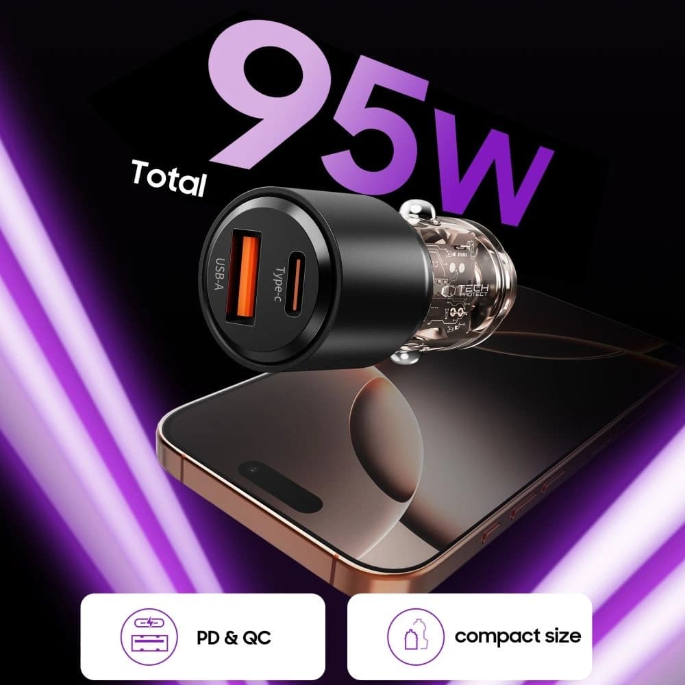 Tech-Protect Încărcător auto CC03 cu 2 porturi USB-A, USB-C PD 95W / QC 3.0 Negru - 4