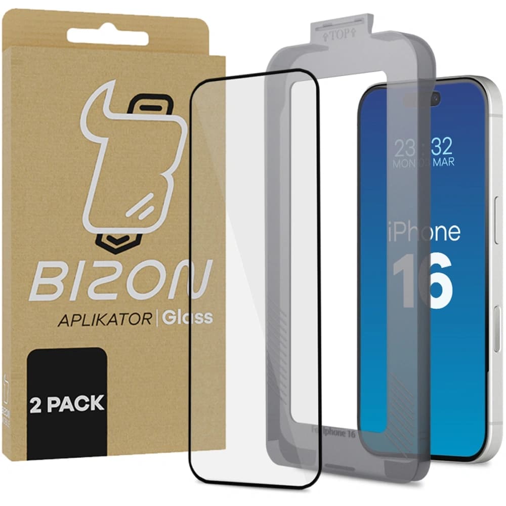 Szkło hartowane z ramką do łatwej aplikacji Bizon Glass Aplikator do Apple iPhone 16 [2 PACK] - 1