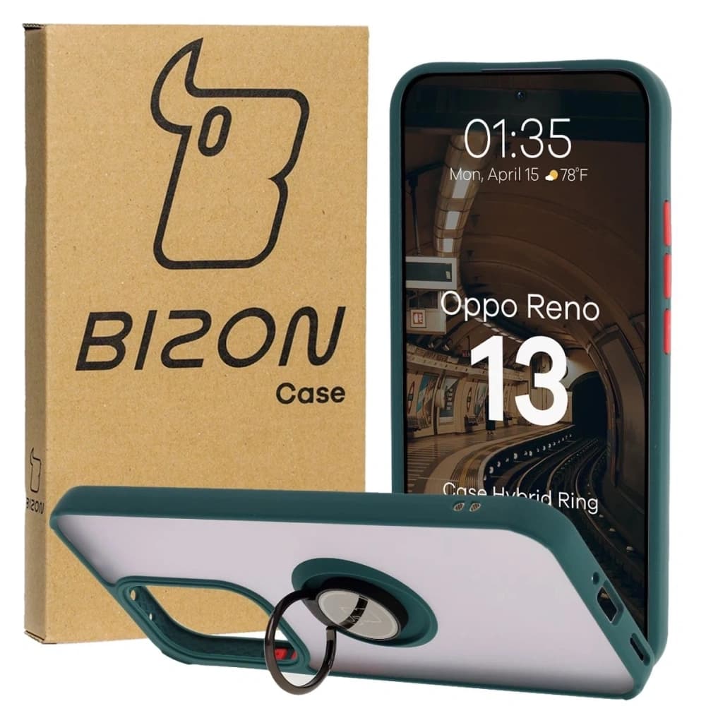 Bizon Case Hybrid Ring Oppo Reno13 rauchig mit einem dunkelgrünen Rahmen - 1