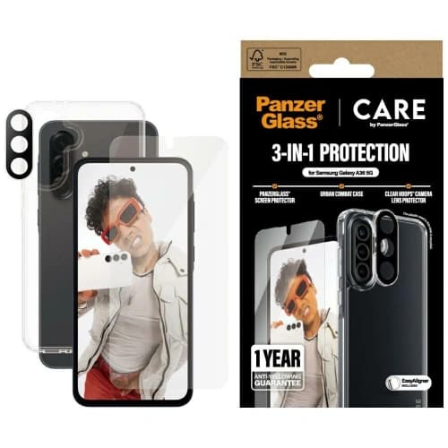 CARE von PanzerGlass Flagship 3in1 Schutzset: Hülle + gehärtetes Glas + Objektivglas für Samsung Galaxy A36 5G
