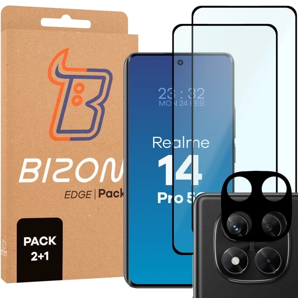 Bizon Edge 2 Pack 2x gehärtetes Glas + 1x Objektivschutz für Realme 14 Pro 5G - 1