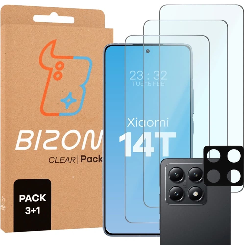 3x szkło na ekran + 1x szkło na aparat Bizon Glass Clear 2 Pack do Xiaomi 14T - 1