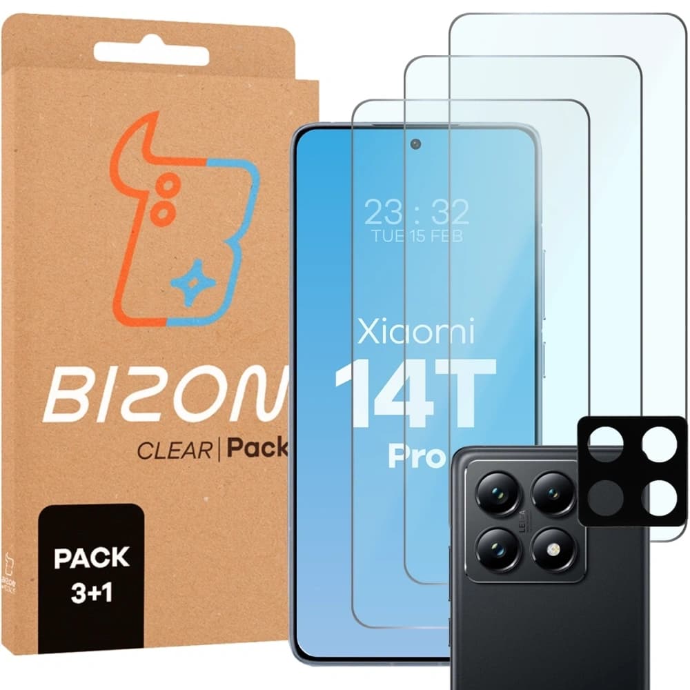 3x szkło na ekran + 1x szkło na aparat Bizon Glass Clear 2 Pack do Xiaomi 14T Pro - 1