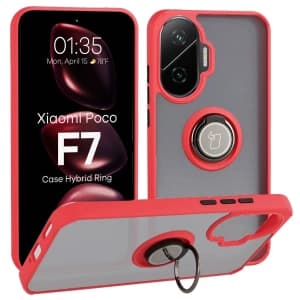 Bizon Case Hybrid Ring Xiaomi POCO F7 rauchig mit rotem Rahmen