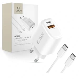 Tech-Protect NCA30 USB-A, USB-C síťová nabíječka PD 30W / QC3.0 + USB-C kabel bílý