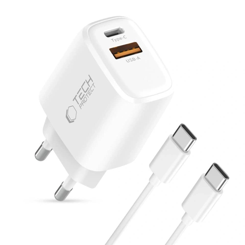 Tech-Protect NCA30 USB-A, USB-C síťová nabíječka PD 30W / QC3.0 + USB-C kabel bílý - 2
