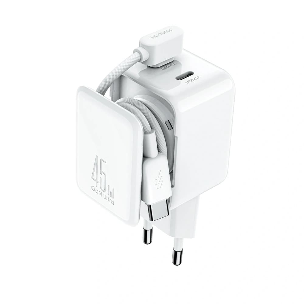 Ładowarka sieciowa Joyroom JR-TCL05 45W GaN 2x USB-C z organizerem na kabel + kabel USB-C / USB-C biała - 1