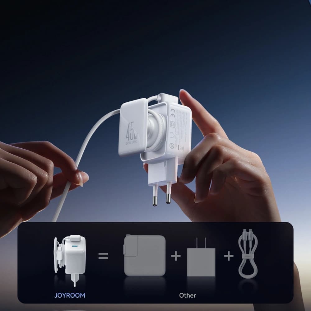 Ładowarka sieciowa Joyroom JR-TCL05 45W GaN 2x USB-C z organizerem na kabel + kabel USB-C / USB-C biała - 4