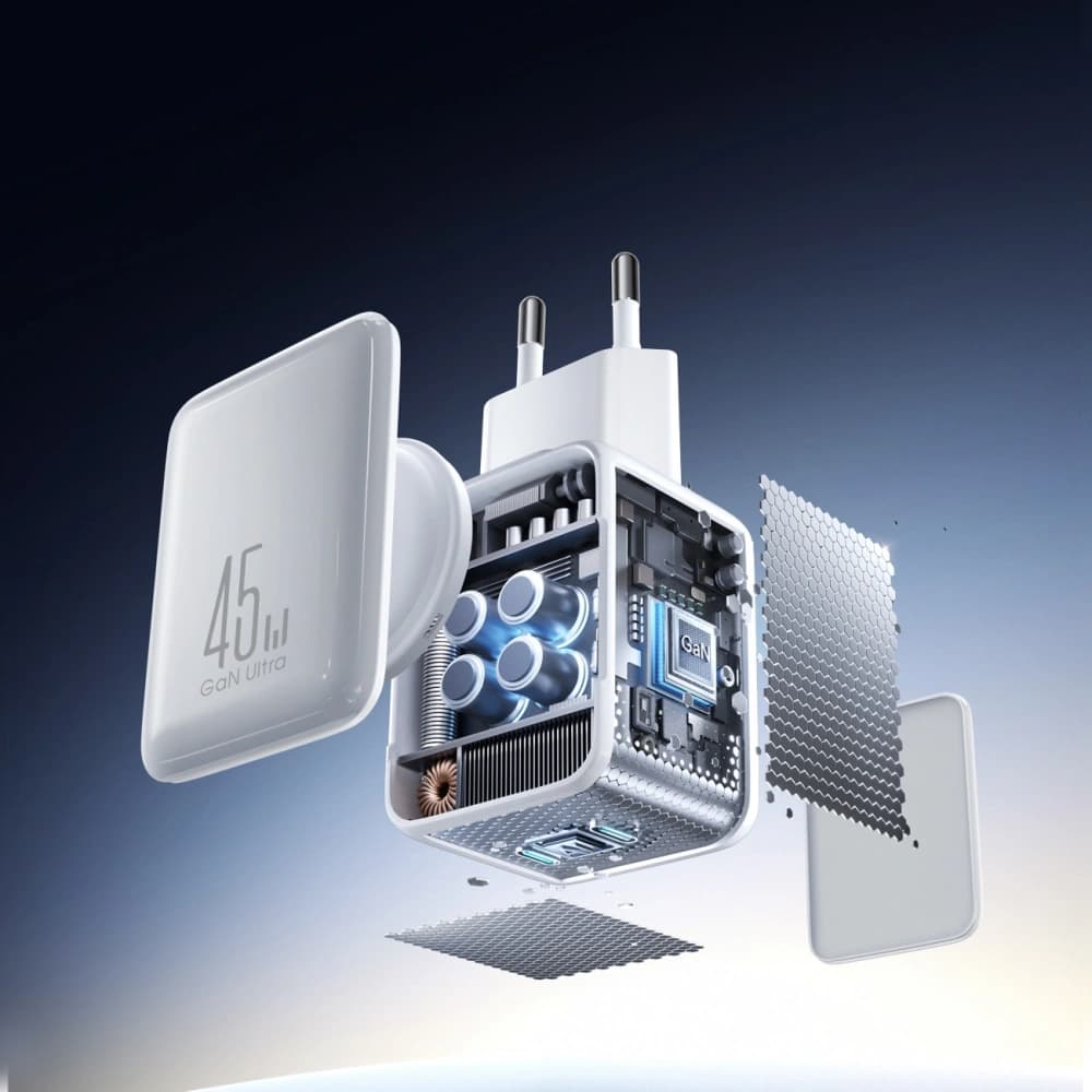 Ładowarka sieciowa Joyroom JR-TCL05 45W GaN 2x USB-C z organizerem na kabel + kabel USB-C / USB-C biała - 7