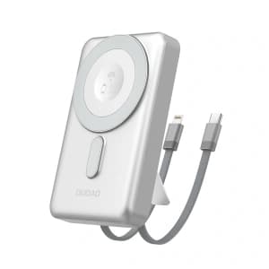 Dudao K29 10000mAh PD 20W MagSafe vezeték nélküli powerbank fém házzal, állvánnyal és beépített USB-C, Lightning kábelekkel ezüst színben