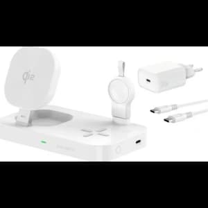 Stația de încărcare 4smarts Qi2 Trident cu încărcător pentru Galaxy Watch Albă