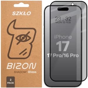 Prywatyzujące szkło hartowane Bizon Glass Edge Shadow Duo do Apple iPhone 17 / 17 Pro / 16 Pro przyciemniane z czarną ramką [2 PACK]