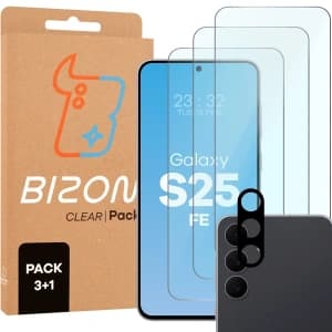Bizon Glass Clear Pack 3x gehärtetes Glas + Kameralinsen-Schutz für Samsung Galaxy S25 FE