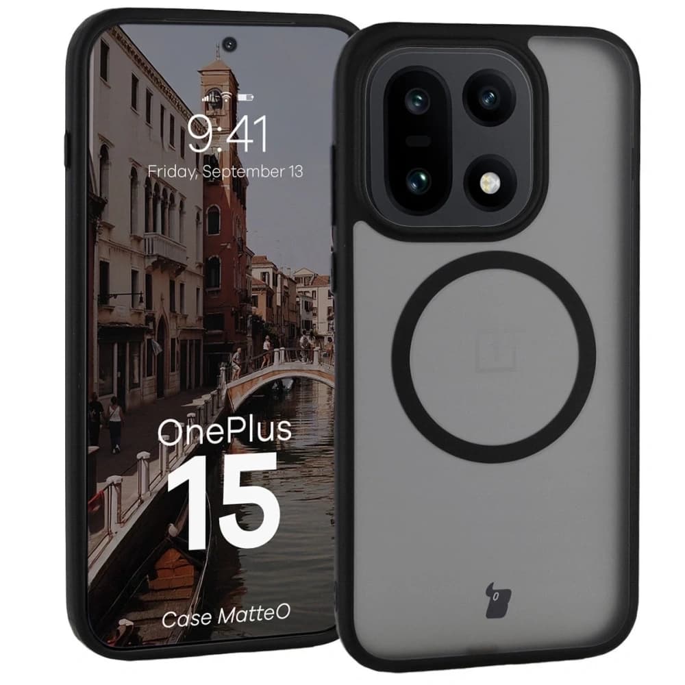 Etui z pierścieniem magnetycznym Bizon Case MatteO do OnePlus 15 przydymione-czarne - 1