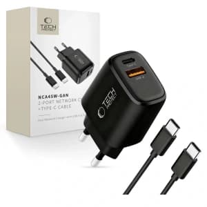 Tech-Protect NCA45W-GAN USB-A, USB-C Netzladegerät PD 45W / QC3.0 + USB-C Kabel Schwarz
