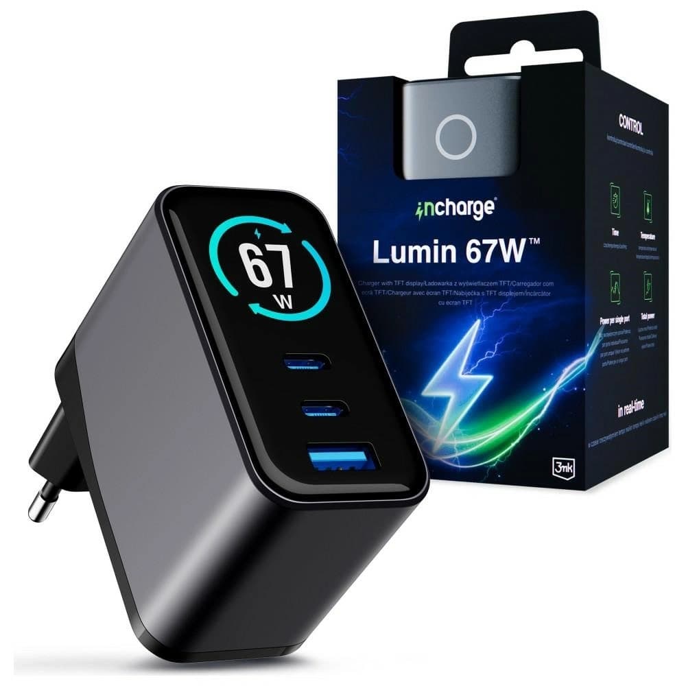 3MK InCharge Lumin PD 67W QC4+ PPS AFC FCP SCP USB-A 2xUSB-C TFT mit Display schwarz
 - 1