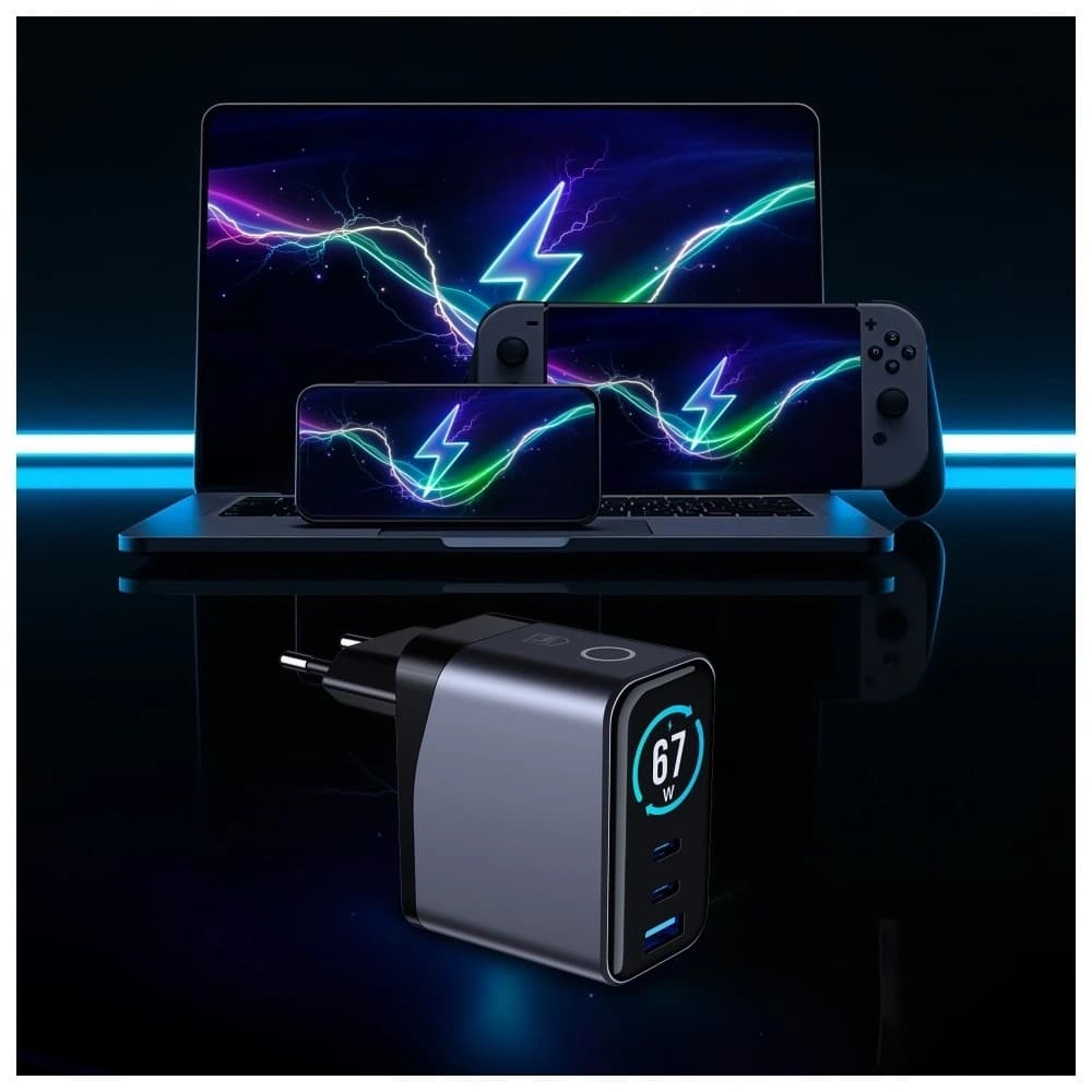 3MK InCharge Lumin PD 67W QC4+ PPS AFC FCP SCP USB-A 2xUSB-C TFT mit Display schwarz
 - 7