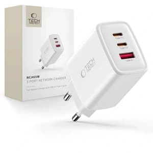 Tech-Protect NCA65W-GAN USB-A, 2xUSB-C Netzladegerät PD 65W / QC3.0 Weiß

