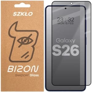 Prywatyzujące szkło hartowane Bizon Glass Edge Shadow do Samsung Galaxy S26 przyciemniane z czarną ramką