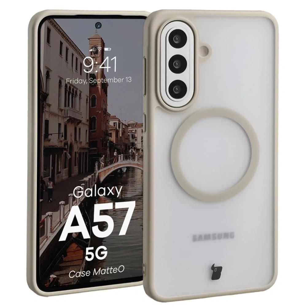 Etui z pierścieniem magnetycznym Bizon Case MatteO do Samsung Galaxy A57 5G przydymione-beżowe - 1