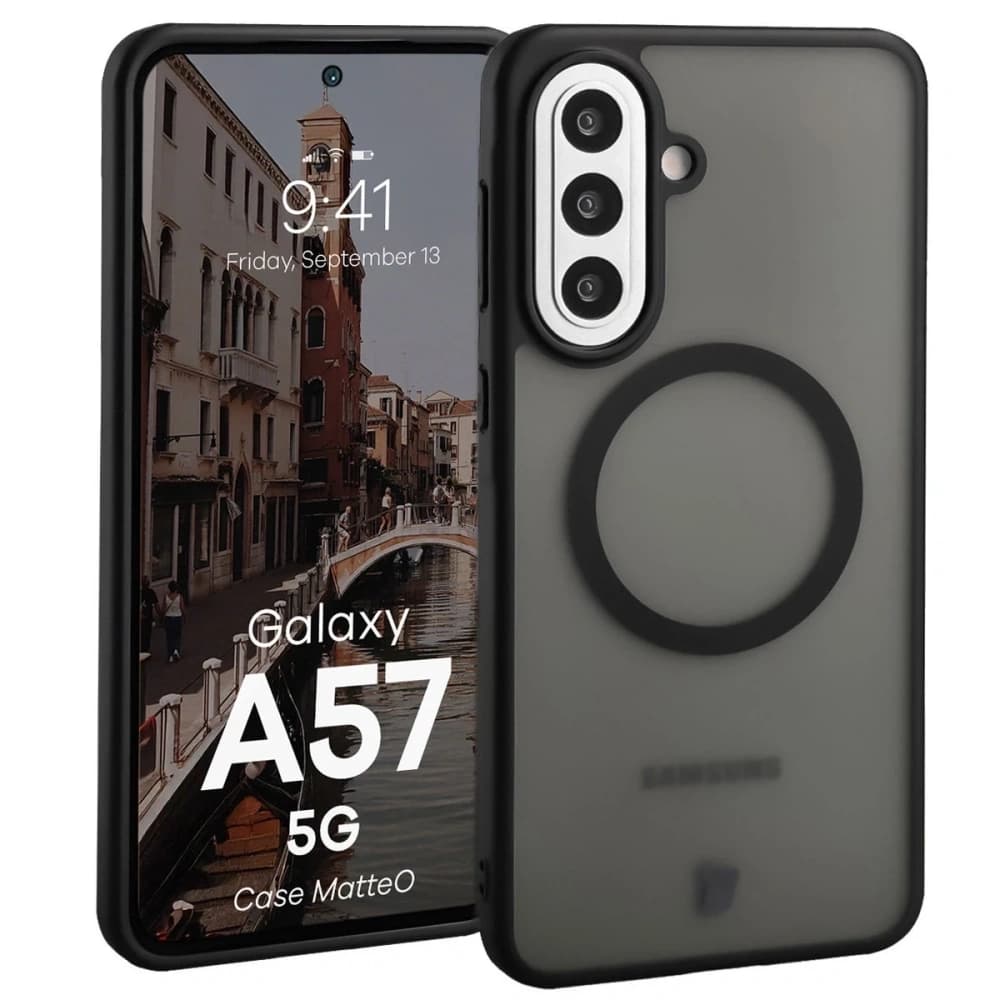 Etui z pierścieniem magnetycznym Bizon Case MatteO do Samsung Galaxy A57 5G przydymione-czarne - 1