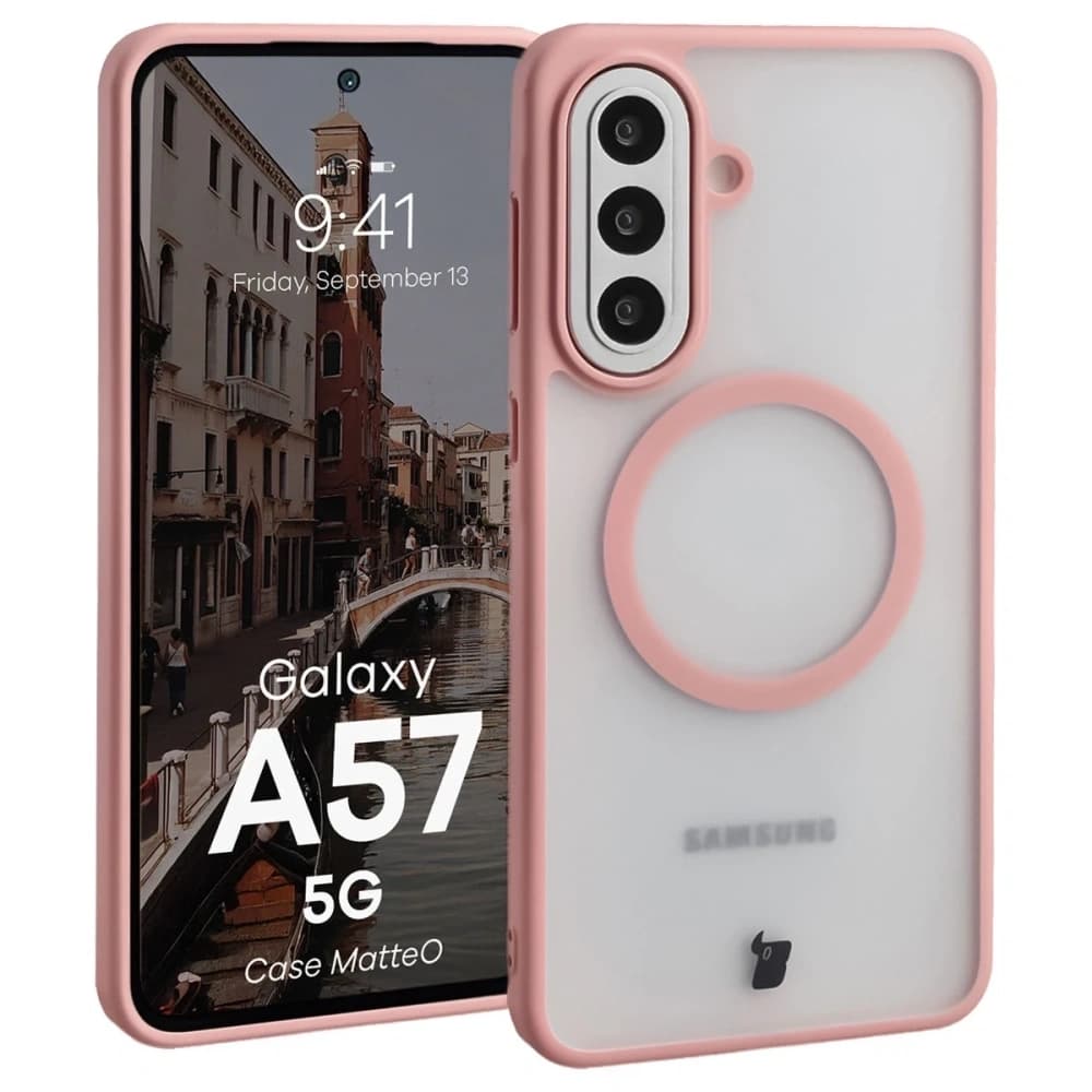 Etui z pierścieniem magnetycznym Bizon Case MatteO do Samsung Galaxy A57 5G przydymione-jasnoróżowe - 1