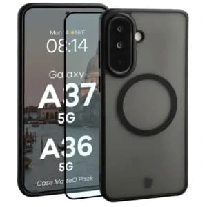 Etui z pierścieniem magnetycznym + szkło hartowane Bizon MatteO Pack do Samsung Galaxy A37 5G / A36 5G przydymione-czarne