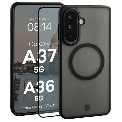 Etui z pierścieniem magnetycznym + szkło hartowane Bizon MatteO Pack do Samsung Galaxy A37 5G / A36 5G przydymione-czarne