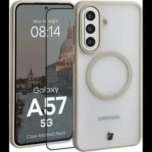 Etui z pierścieniem magnetycznym + szkło hartowane Bizon MatteO Pack do Samsung Galaxy A57 5G przydymione-beżowe