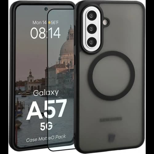 Etui z pierścieniem magnetycznym + szkło hartowane Bizon MatteO Pack do Samsung Galaxy A57 5G przydymione-czarne