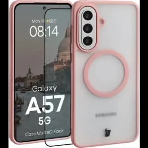 Etui z pierścieniem magnetycznym + szkło hartowane Bizon MatteO Pack do Samsung Galaxy A57 5G przydymione-jasnoróżowe