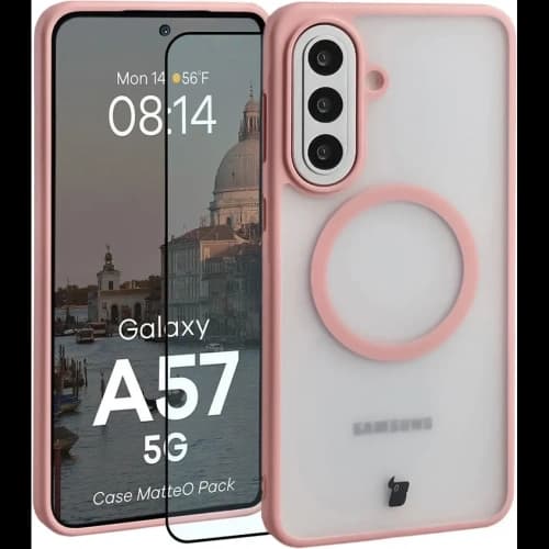 Etui z pierścieniem magnetycznym + szkło hartowane Bizon MatteO Pack do Samsung Galaxy A57 5G przydymione-jasnoróżowe