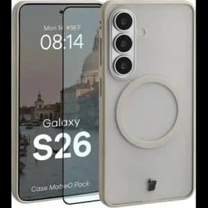 Etui z pierścieniem magnetycznym + szkło hartowane Bizon MatteO Pack do Samsung Galaxy S26 przydymione-beżowe