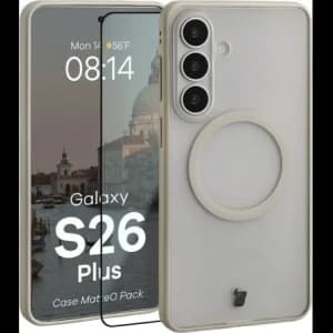 Etui z pierścieniem magnetycznym + szkło hartowane Bizon MatteO Pack do Samsung Galaxy S26+ Plus, przydymione-beżowe