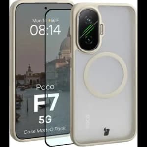 Etui z pierścieniem magnetycznym + szkło hartowane Bizon MatteO Pack do Xiaomi POCO F7, przydymione-beżowe