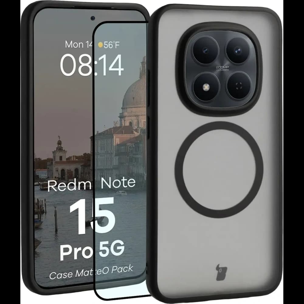 Etui z pierścieniem magnetycznym + szkło hartowane Bizon MatteO Pack do Xiaomi Redmi Note 15 Pro 5G, przydymione-czarne - 1