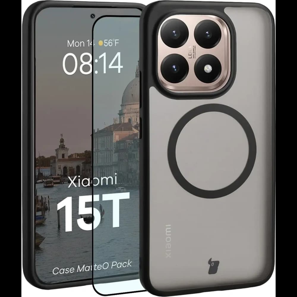 Etui z pierścieniem magnetycznym + szkło hartowane Bizon MatteO Pack do Xiaomi 15T, przydymione-czarne - 1