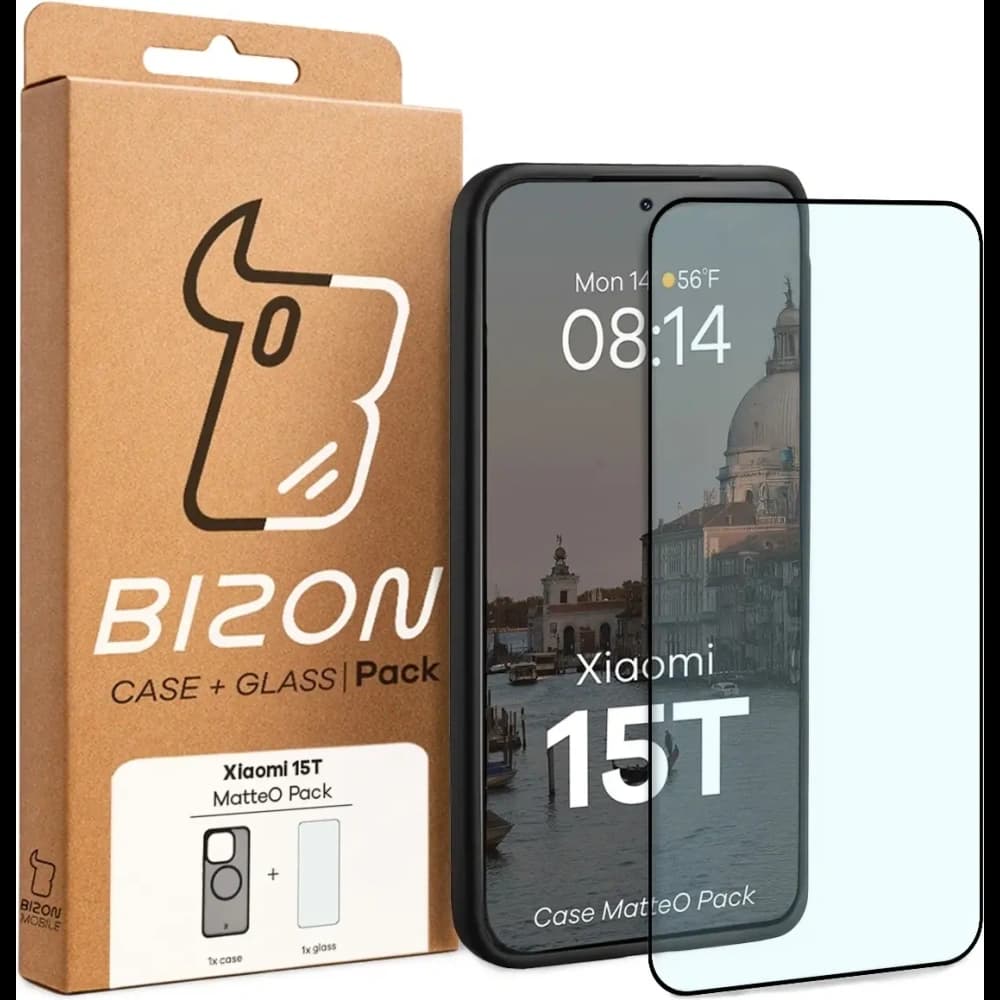 Etui z pierścieniem magnetycznym + szkło hartowane Bizon MatteO Pack do Xiaomi 15T, przydymione-czarne - 9